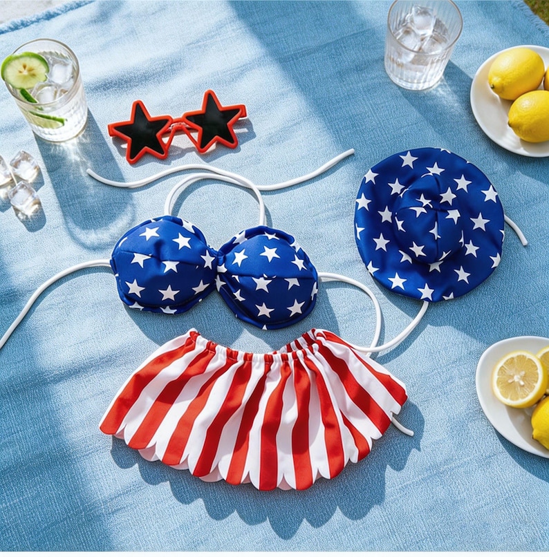 May include: A patriotic-themed bikini set with a blue top and hat, both adorned with white stars. The set includes a red and white striped skirt. Star-shaped sunglasses and lemons complete the summer ensemble.