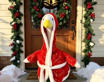 Christmas Porch Goose Outfit | Cozy Santa Hooded Costume for Garden Goose Statue, Holiday Farmhouse Outdoor Decor, Festive Yard Display