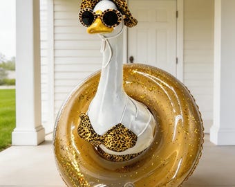 Summer Leopard Print Porch Goose - 23 Inch Decorative Goose with Sunglasses & Gold Glitter Float