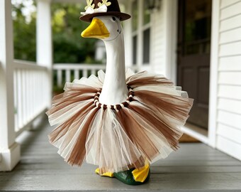 Tenue d'oie de pelouse de renne d'automne, costume d'oie de porche de 23 pouces, jupe en tulle de chapeau en bois de cerisier brun, cadeau de décoration d'oie de cour de ferme de Thanksgiving