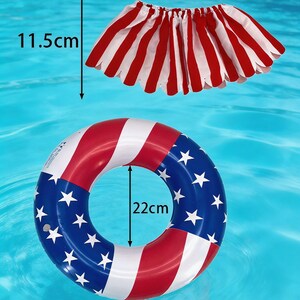 May include: A red, white, and blue patriotic-themed inflatable pool float, measuring 19 inches in diameter, with a matching skirt. The float features a design of red and white stripes and blue sections with white stars. The skirt is 6 inches long.