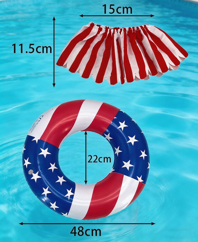 May include: A red, white, and blue patriotic-themed inflatable pool float, measuring 19 inches in diameter, with a matching skirt. The float features a design of red and white stripes and blue sections with white stars. The skirt is 6 inches long.