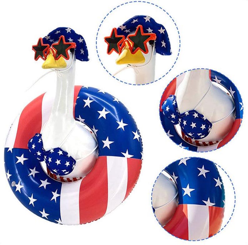 May include: An inflatable goose wearing star-shaped sunglasses, a blue and white star-patterned hat, and a matching bikini. The goose is floating in a red, white, and blue striped inflatable ring, perfect for a patriotic summer celebration.
