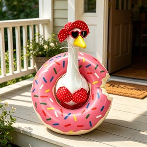 May include: A white goose figurine wearing a red and white polka dot sun hat, heart-shaped sunglasses, and a matching polka dot bikini top, positioned inside a large pink inflatable donut pool float decorated with colorful sprinkles.