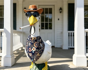 Funny Cowboy Porch Goose Decor, Western Goose Statue with Hat Sunglasses & Bandana, Farmhouse Front Porch Yard Ornament Gift