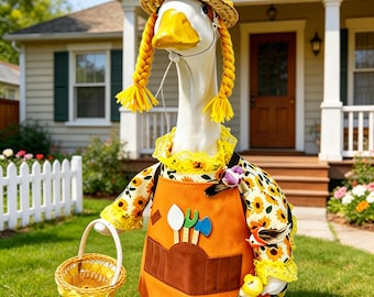Ensemble floral pour oie de porche avec tablier et chapeau bleus, vêtements d'oie de jardin d'été, accessoires mignons d'oie pour décoration extérieure