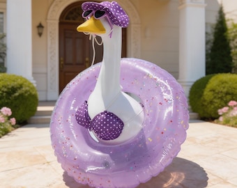 Purple Polka Dot Porch Goose 5Pcs Outfit Set – Hat Sunglasses Swim Ring Bra Skirt Summer Decor for 23 Inch Porch Goose