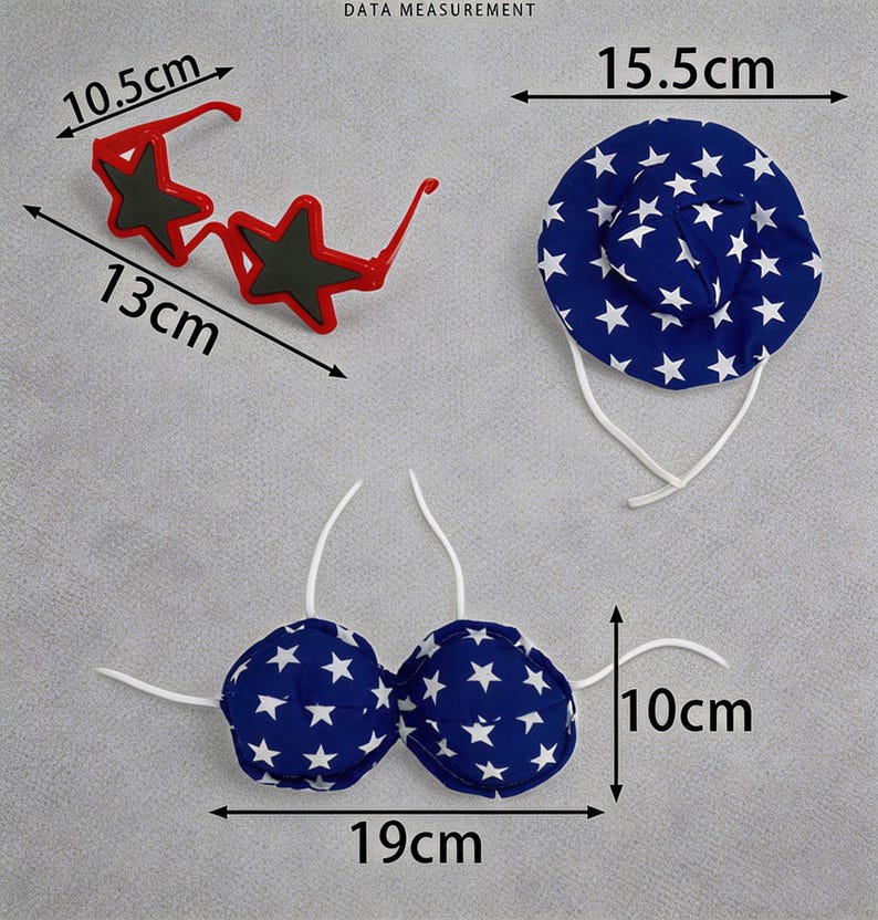May include: A patriotic ensemble featuring red star-shaped sunglasses (13cm long), a blue hat (15.5cm diameter), and a blue bikini top (19cm wide) with white star patterns. The bikini top measures 10cm in height. Perfect for themed events.