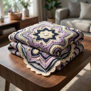 May include: A folded crochet blanket featuring a central star motif with a smiling face. The design incorporates shades of lavender, cream, and dark navy blue, with textured bobble stitches and a scalloped edge border in a light cream yarn.