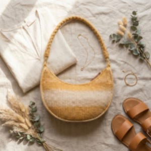 May include: A crescent-shaped shoulder bag featuring a woven texture with a horizontal ombre gradient transitioning from deep mustard yellow at the top to a lighter cream shade at the bottom, complete with a single braided handle in mustard yellow.