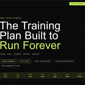 Puede incluir: Gráfico de descarga digital con el texto "The Training Plan Built to Run Forever" en blanco y verde. El gráfico incluye detalles del plan de entrenamiento, como "Push, Pull, Lower, Upper, Cardio", y otros términos relacionados con el fitness.