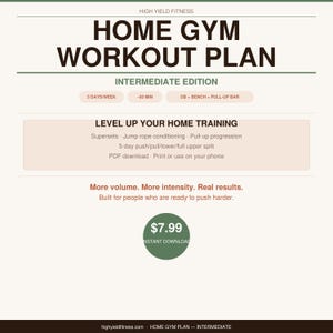 Peut inclure: Un plan d'entraînement de gym à domicile numérique intitulé "HOME GYM WORKOUT PLAN" en texte noir. Le plan comprend une édition intermédiaire avec un programme de 5 jours/semaine, des entraînements de 60 minutes.