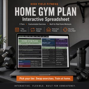 May include: A laptop displaying a "Home Gym Plan" spreadsheet with exercise details. The screen shows workout tiers and customizable exercises. Dumbbells, a jump rope, and a water bottle are next to the laptop. Text on the screen reads "Pick your tier. Swap exercises. Train at home."
