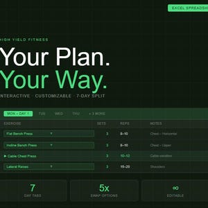 May include: A dark green digital fitness plan with the text "Your Plan. Your Way." The plan includes exercise details, sets, reps, and notes. It features a 7-day split, interactive and customizable options, and an Excel spreadsheet link.