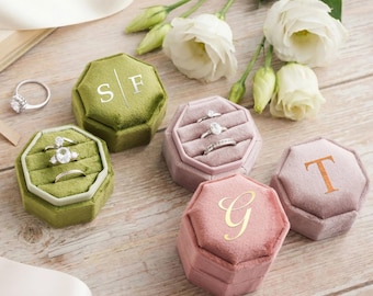 Triple Slot Velvet Ring Box, 17 Colors Personalized Engagement Ring Box, Proposal Ring Bearer [N]
