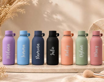 Garrafa de água infantil com nome, copo gravado para volta às aulas, 355 ml, aço inoxidável [N]