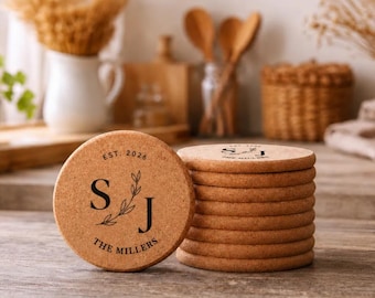 Set of 100 Personalized Wedding Cork Coasters, Housewarming Gifts, Party Favors [N]