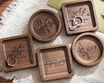 Walnut Wood Ring Tray, Engagement Gift, Custom Laser Engraved Jewelry Dish, Handcrafted Wood Trinket Dish, Wedding Band Holder [N]