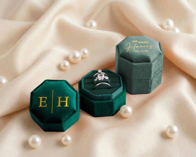 Triple Slot Velvet Ring Box, 17 Colors Personalized Engagement Ring Box, Proposal Ring Bearer [N] image 7