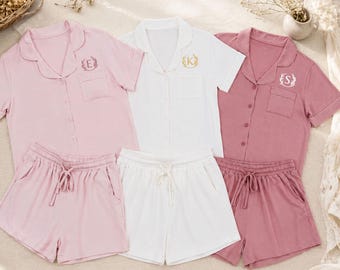 Conjunto de pijama de duas peças em modal macio, com monograma e botões, para mulheres [MPJ] [N]