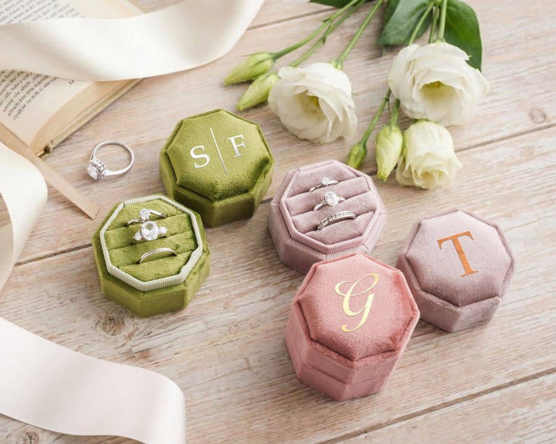 Triple Slot Velvet Ring Box, 17 Colors Personalized Engagement Ring Box, Proposal Ring Bearer [N] image 1