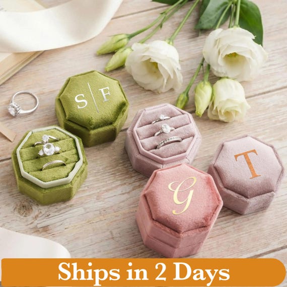 Triple Slot Velvet Ring Box, 17 Colors Personalized Engagement Ring Box, Proposal Ring Bearer [N]