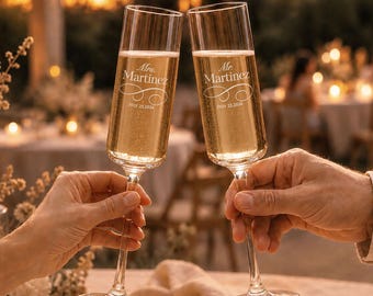 Taças de champanhe de vidro personalizadas, conjunto de 2 taças gravadas para brinde de casamento com caixa, presente ideal para noivos em casamentos ou noivados.