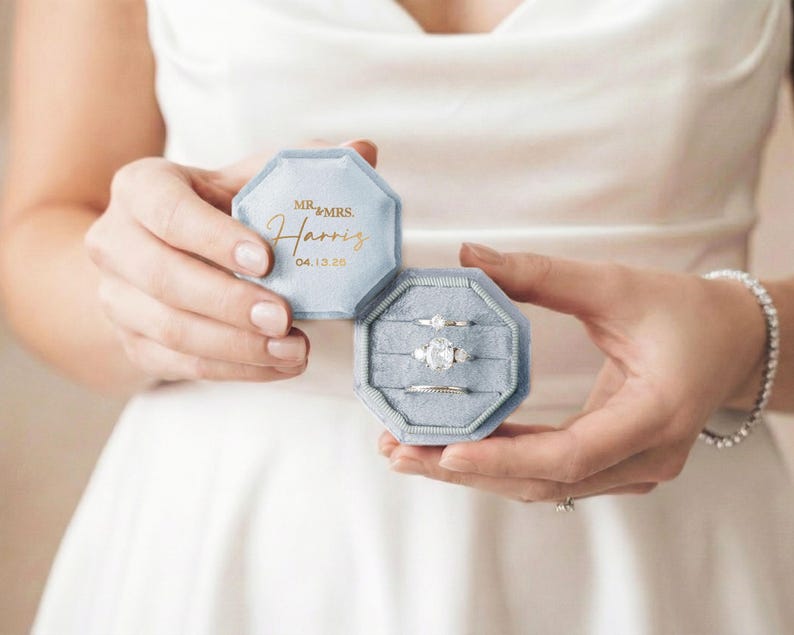 Triple Slot Velvet Ring Box, 17 Colors Personalized Engagement Ring Box, Proposal Ring Bearer [N] image 5