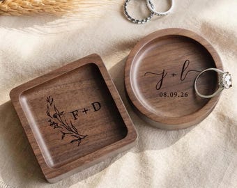 Personalized Wood Ring Dish, Engagement Gift for Couple, Custom Wedding Ring Bearer Pillow, Walnut Jewelry Tray, Anniversary Gift for Her