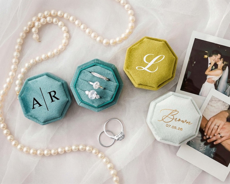 Triple Slot Velvet Ring Box, 17 Colors Personalized Engagement Ring Box, Proposal Ring Bearer [N] image 10
