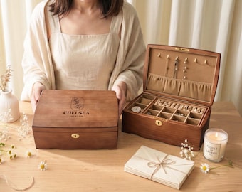 Caixa de joias de madeira personalizada para mulheres, organizador de joias gravado sob medida com fechadura e chave, baú de joias, presente para ela [W]