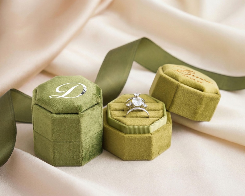 Triple Slot Velvet Ring Box, 17 Colors Personalized Engagement Ring Box, Proposal Ring Bearer [N] image 9