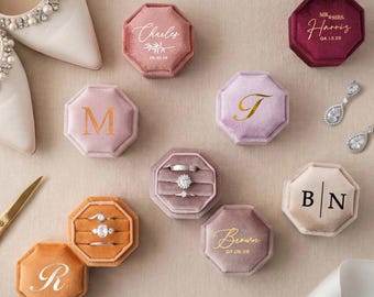 Personalized Velvet Triple Ring Box, Custom Monogram Octagon Engagement Ring Bearer Box [N]