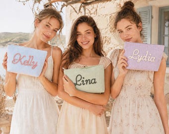 Lembrancinha para Chá de Panela: Nécessaire personalizada em tecido seersucker, Bolsa personalizada com nome em fio grosso [N]