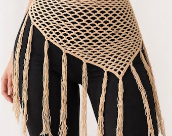 Handmade Crochet & Boho Hip Scarf – Fringe Waist Wrap – Festival Beach Accessory – Beige Bohemian Style