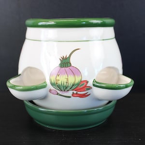 Può includere: Un vaso da fiori in ceramica bianca con bordo e base verdi. Il vaso presenta tre tasche laterali per la piantagione e un'illustrazione grafica centrale di una cipolla viola e gialla con peperoncini rossi e un piccolo germoglio.