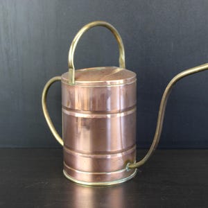 Puede incluir: Una regadera cilíndrica de cobre con acabado metálico pulido, un asa de latón arqueada en la parte superior, un asa lateral secundaria de latón y un pico largo y delgado de latón que se extiende desde la base para verter agua.