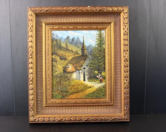 Vintage retro large oil painting on canvas, church in the mountains.