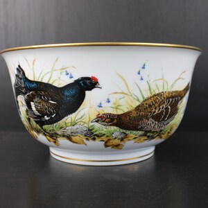 Puede incluir: Cuenco de cerámica blanca con borde dorado, con una ilustración detallada de dos aves entre follaje. Una es negra con cabeza roja, la otra marrón. El cuenco tiene un diseño clásico.