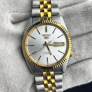 Vintage Seiko 5 Automatic Two-Tone Watch | Gold Fluted Bezel, Day-Date Jubilee Bracelet
