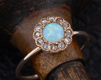 Edwardian Australian Opal & Diamond Ring 10k Rose Gold Engagement Anniversary Bridal Jewelry Gift Rose Cut Natural Diamonds