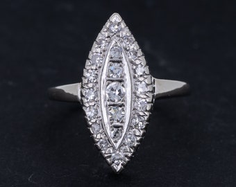 Vintage Art Deco Diamond Engagement Ring Navette 14k White Gold Round Single Cut Diamonds Anniversary Jewelry Gift Circa 1920s