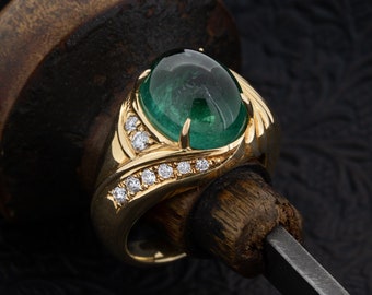 Vintage GIA Certified Green Tourmaline and Diamond Ring in 18k Gold 6.21ct Natural Cabochon Oval Tourmaline Anniversary Ring Jewelry Gift