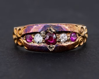 Victorian Ruby and Diamond Engagement Ring Five Stone Rare Chester Hallmark Old Mine 18k Gold Anniversary Ring Bridal Jewelry Gift