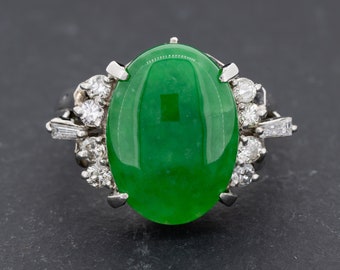 Green Jade Type B and Diamond Ring in Platinum 17 x 12 mm Jadeite Cabochon Oval Anniversary Ring Jewelry Gift