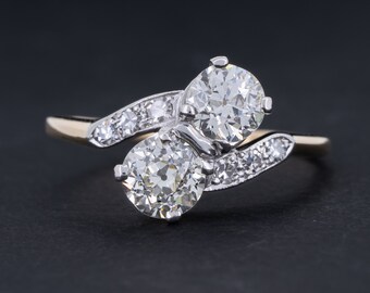 Edwardian Two Stone Diamond Bypass Ring Toi Et Moi 1.31ctw Old European Cut Diamonds 14k Gold & Platinum Engagement Anniversary Jewelry Gift