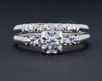 Vintage Diamond Engagement Ring Wedding Set by Princess 14k White Gold Anniversary Ring Jewelry Bridal Gift