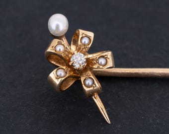 Broche victoriano antiguo de oro de 14 quilates: joyería con diamantes y perlas de semilla