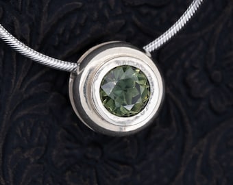 Green Sapphire Solitaire Pendant: 14k White Gold Snake Chain Necklace