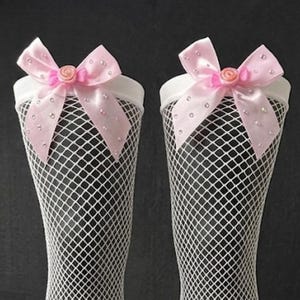Candycore White Fishnet Thigh High Stockings | Pink Bow Stockings | Kawaii Fairy Kei Socks | Coquette Legwear | Rhinestone Festival Lingerie
